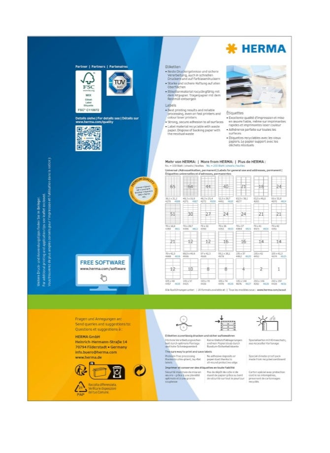 Herma Herma Multi-Purpose Self-Adhesive Labels, 65 Labels Per A4 Sheet, 6500 Labels for Laser and Inkjet Printers, S Size, 38.1 x 21.2mm (4270), White  - Image 2