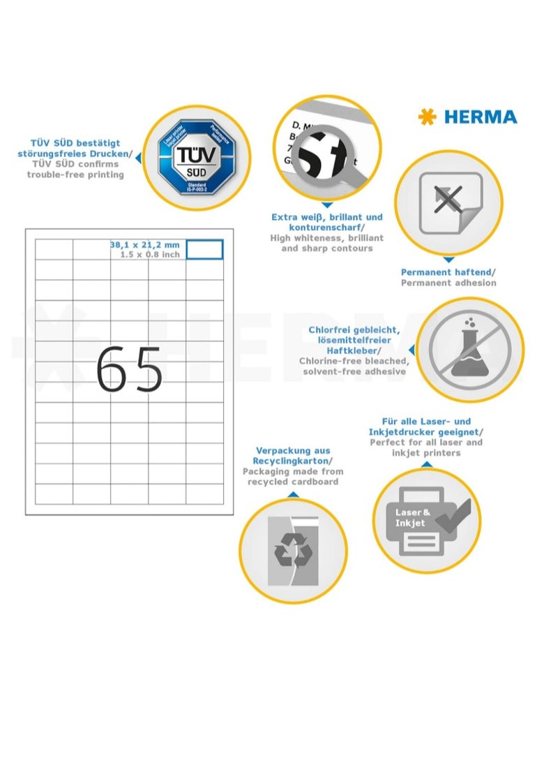 Herma Herma Multi-Purpose Self-Adhesive Labels, 65 Labels Per A4 Sheet, 6500 Labels for Laser and Inkjet Printers, S Size, 38.1 x 21.2mm (4270), White  - Image 5