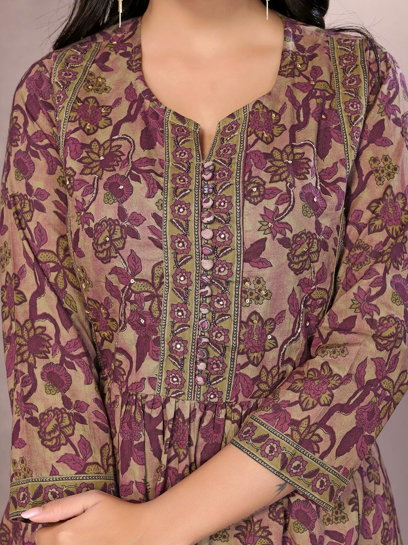 rangita Wine Cotton Calf Length Embroidered Anarkali Kurti | Kurta for Women_S - Image 2