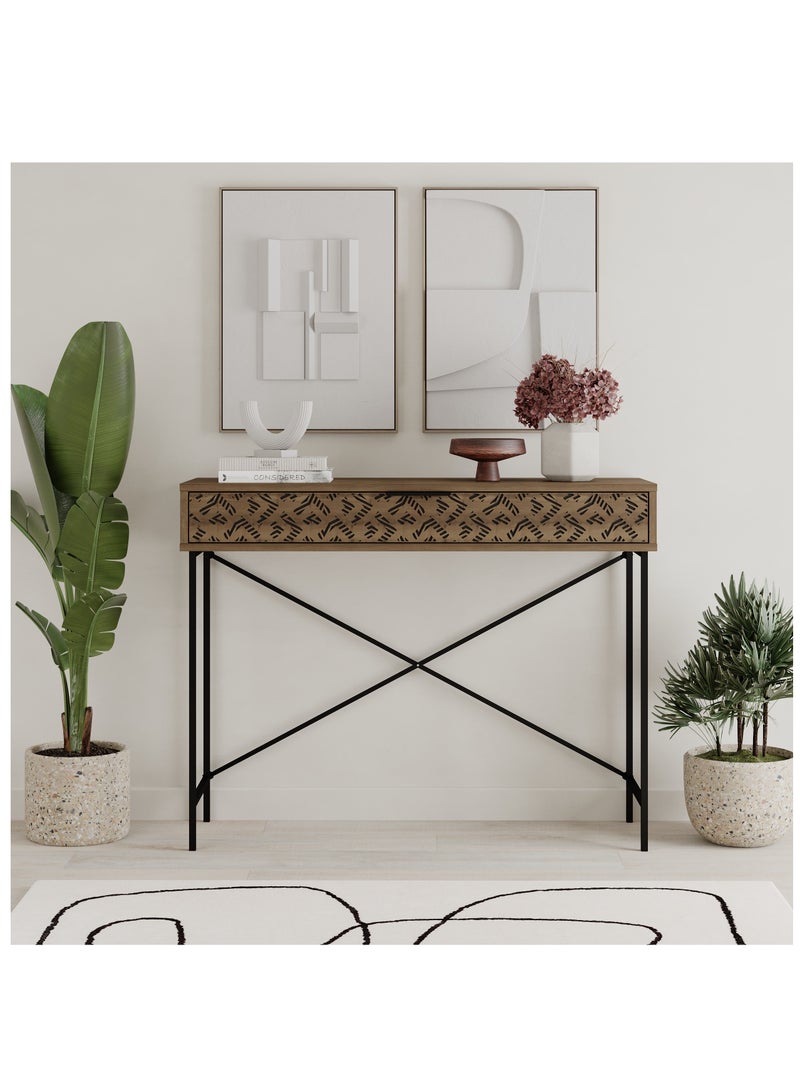 موراه طاولة موراه هوم هيتون كونسول مُعاد تصميمها - درج أمامي مزخرف - إطار معدني أسود رفيع - مساحة تخزين عصرية للمدخل أو الردهة - 35.5 × 85.5 × 110 سم (بني) - Image 1