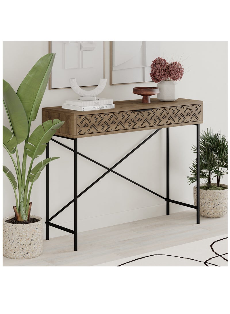 موراه طاولة موراه هوم هيتون كونسول مُعاد تصميمها - درج أمامي مزخرف - إطار معدني أسود رفيع - مساحة تخزين عصرية للمدخل أو الردهة - 35.5 × 85.5 × 110 سم (بني) - Image 2