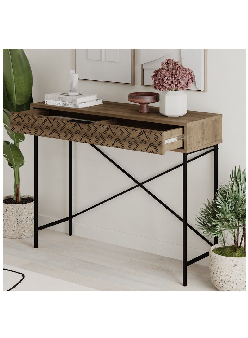 موراه طاولة موراه هوم هيتون كونسول مُعاد تصميمها - درج أمامي مزخرف - إطار معدني أسود رفيع - مساحة تخزين عصرية للمدخل أو الردهة - 35.5 × 85.5 × 110 سم (بني) - Image 3