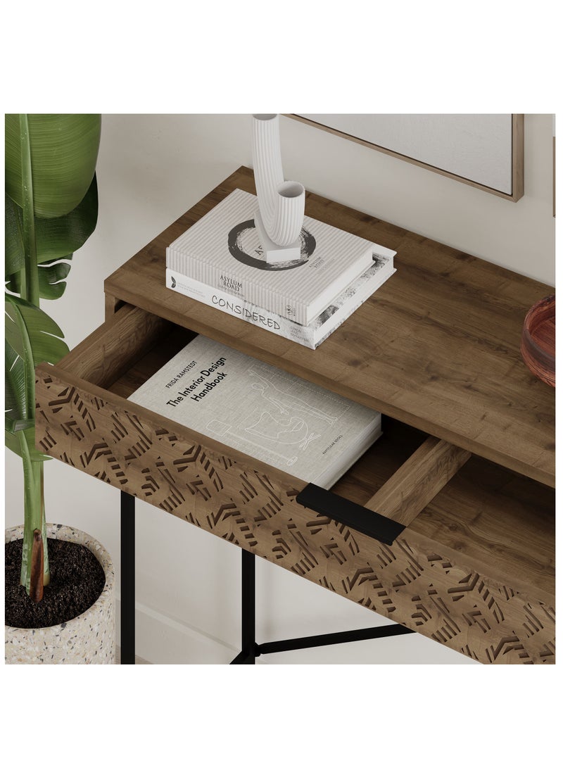 موراه طاولة موراه هوم هيتون كونسول مُعاد تصميمها - درج أمامي مزخرف - إطار معدني أسود رفيع - مساحة تخزين عصرية للمدخل أو الردهة - 35.5 × 85.5 × 110 سم (بني) - Image 4