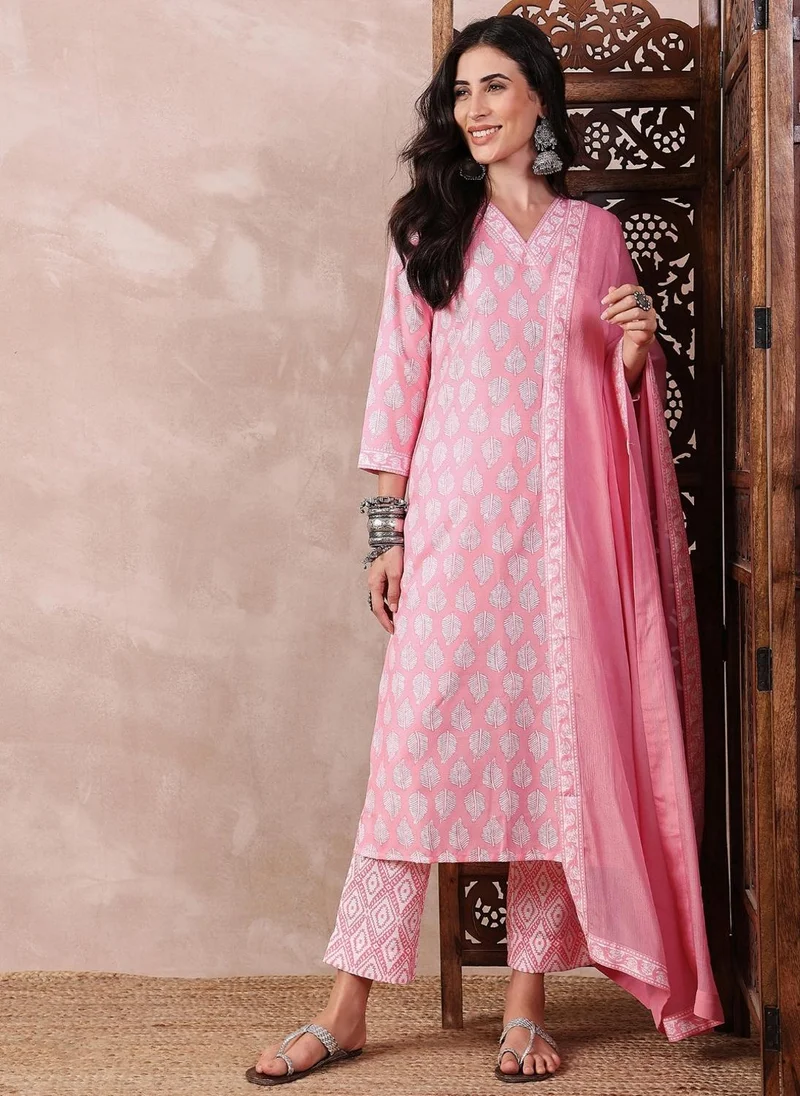 ZERESOUQ Pink Rayon Blend Floral Print 3-Piece Kurta Set