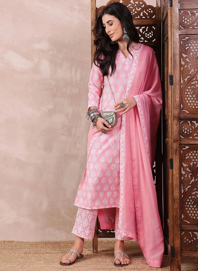 ZERESOUQ Pink Rayon Blend Floral Print 3-Piece Kurta Set