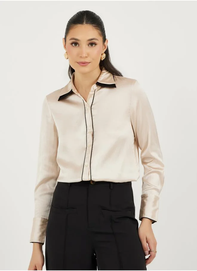 Styli Double Collar Long Sleeve Shirt with Contrast Piping Detail