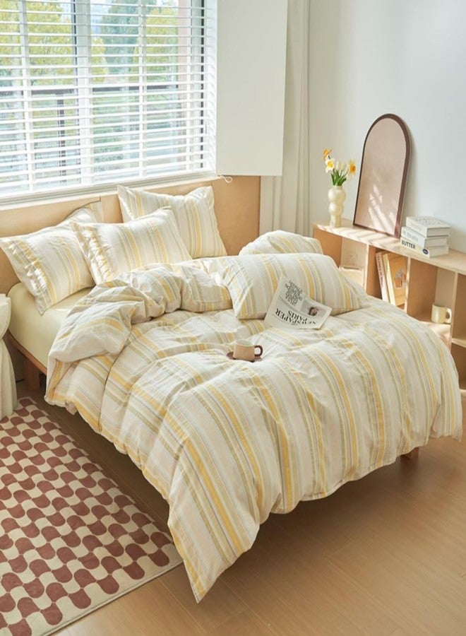 Mucalis Washed Cotton Queen Duvet Cover Colorful Striped 100% Cotton Soft Duvet Cover Set Full Modern 3 Piece Bedding Set with Zipper Closure Corner Ties,Breathable Comfortable,Yellow - Image 3