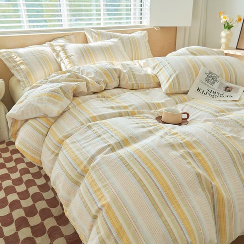Mucalis Washed Cotton Queen Duvet Cover Colorful Striped 100% Cotton Soft Duvet Cover Set Full Modern 3 Piece Bedding Set with Zipper Closure Corner Ties,Breathable Comfortable,Yellow - Image 1