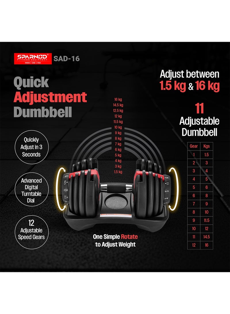 Sparnod Fitness SAD-16 Adjustable Dumbbell 16kg, 12 Gear Quick Adjustment Digital Dial, High-Strength Steel, Nylon & Soft Rubber, 8 Safety Locks, Non-Slip Handle, Base Tray - Image 2