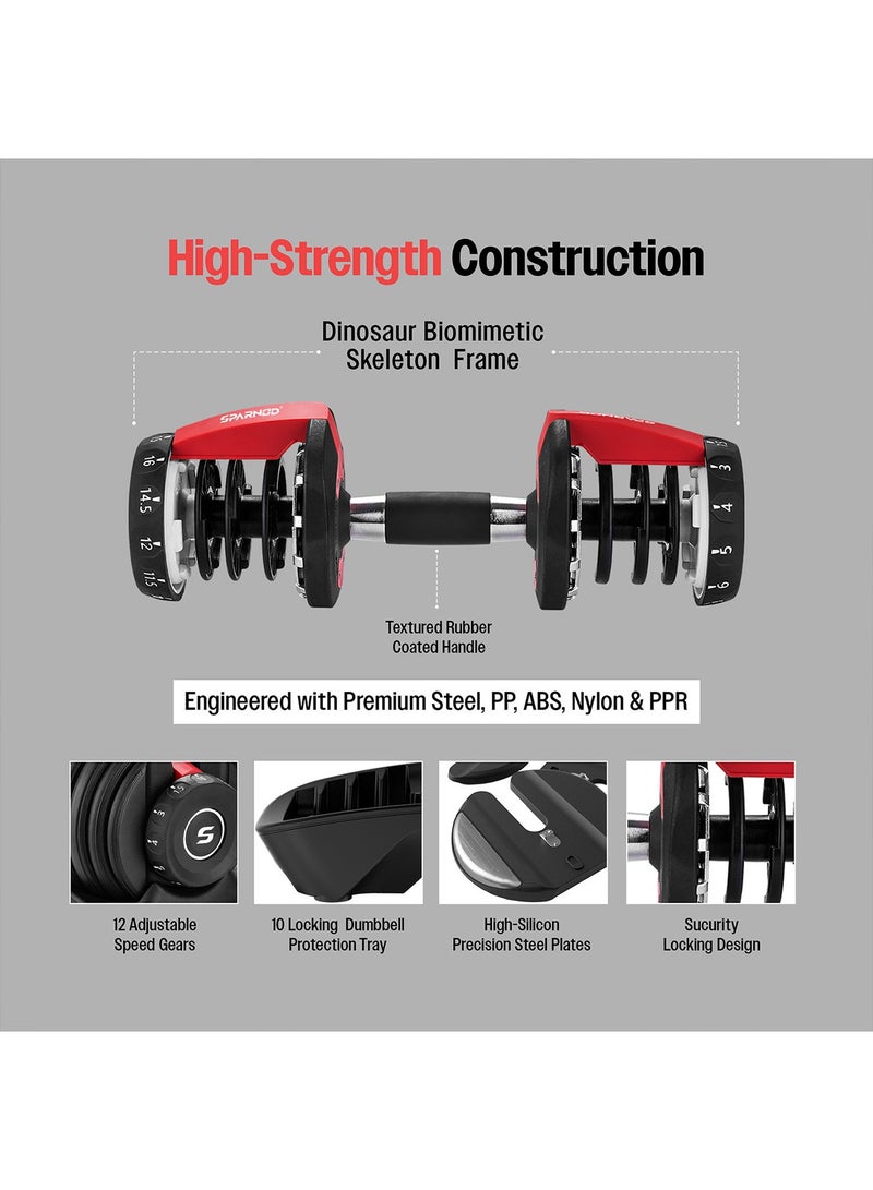 Sparnod Fitness SAD-16 Adjustable Dumbbell 16kg, 12 Gear Quick Adjustment Digital Dial, High-Strength Steel, Nylon & Soft Rubber, 8 Safety Locks, Non-Slip Handle, Base Tray - Image 4