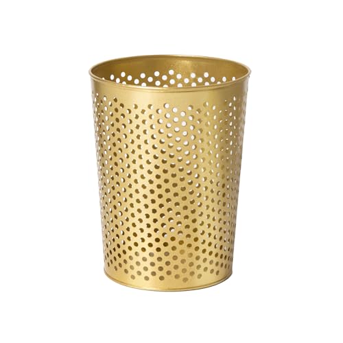 Venalys Small Gold Metal Trash Can Wastebasket, Decorative Hollow-Out Garbage Can Waste Paper Bin, Modern Farmhouse Round Trash Bin for Bathroom, Bedroom, Kitchen and Office (Floral) - Image 1