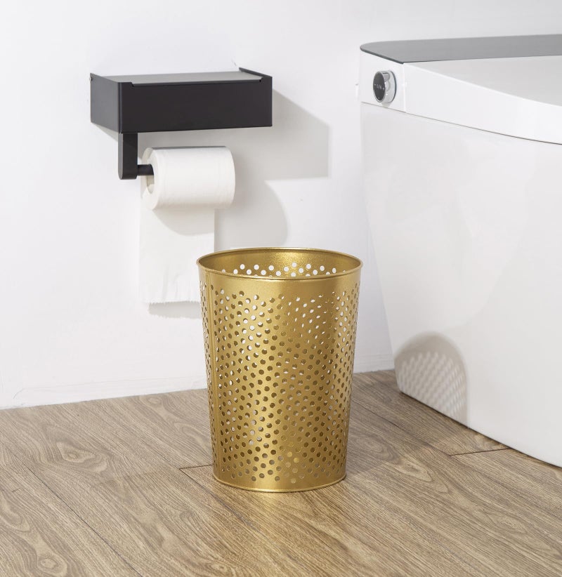 Venalys Small Gold Metal Trash Can Wastebasket, Decorative Hollow-Out Garbage Can Waste Paper Bin, Modern Farmhouse Round Trash Bin for Bathroom, Bedroom, Kitchen and Office (Floral) - Image 2