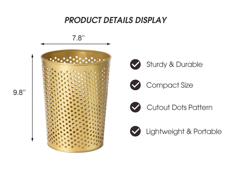 Venalys Small Gold Metal Trash Can Wastebasket, Decorative Hollow-Out Garbage Can Waste Paper Bin, Modern Farmhouse Round Trash Bin for Bathroom, Bedroom, Kitchen and Office (Floral) - Image 4