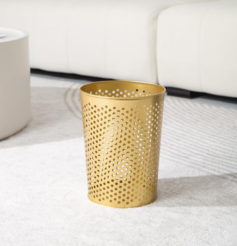 Venalys Small Gold Metal Trash Can Wastebasket, Decorative Hollow-Out Garbage Can Waste Paper Bin, Modern Farmhouse Round Trash Bin for Bathroom, Bedroom, Kitchen and Office (Floral) - Image 3