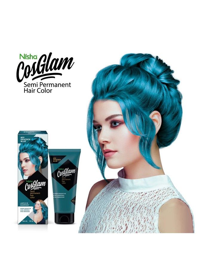 Nisha كوسغلام لون شعر شبه دائم للجنسين مع بلسم مضاد لللمعان بدون أمونيا وبدون بيروكسيد وصبغة شعر نباتية غير أكسيدية 120 جرام 52 أزرق طاووس - Image 4