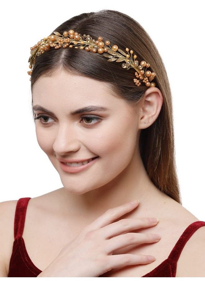 Vogue Hair Accessories - Metal Handmade Crystal With Pearls Fancy Party Hairband Hair Accessories For Girls And Women (Gold) - Image 1