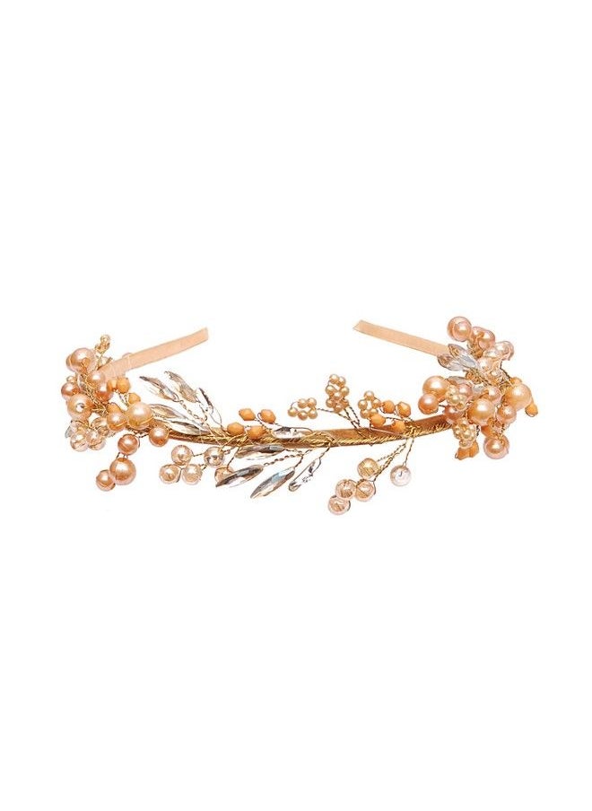 Vogue Hair Accessories - Metal Handmade Crystal With Pearls Fancy Party Hairband Hair Accessories For Girls And Women (Gold) - Image 1