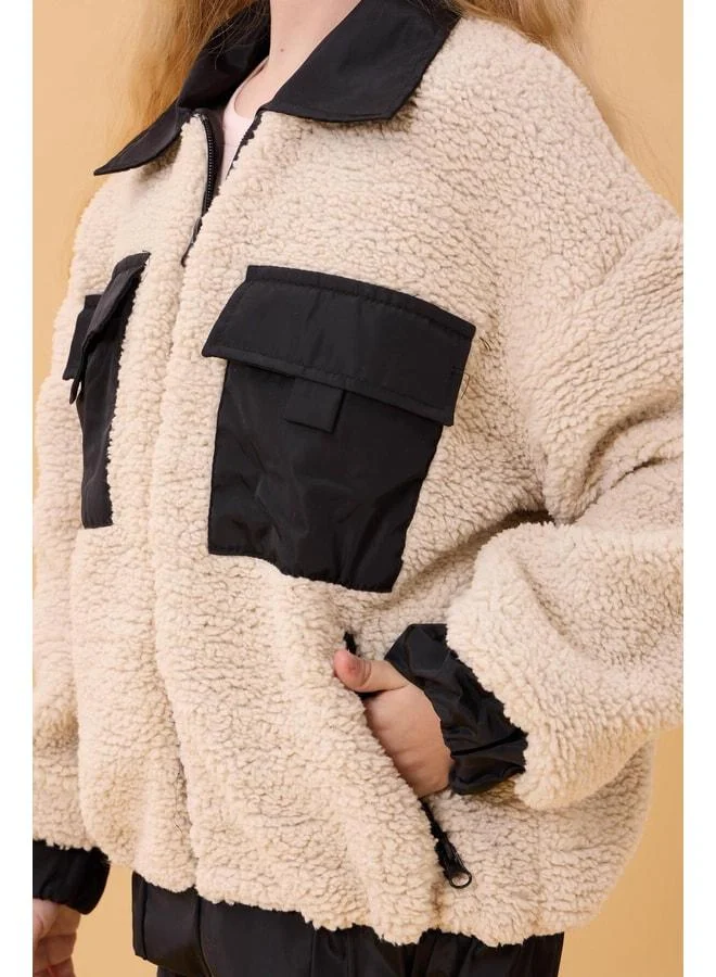 Perendi Girl's Shirt-Collar Pocket Plush Winter Coat Beige