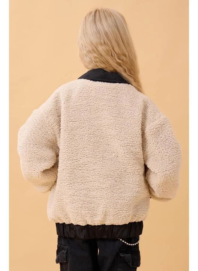 Perendi Girl's Shirt-Collar Pocket Plush Winter Coat Beige