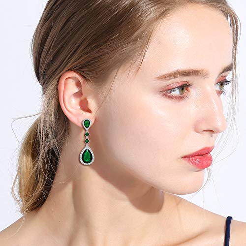 EleQueen Women's Silver-tone Cubic Zirconia Teardrop Bridal Dangle Earrings Emerald Color - Image 2