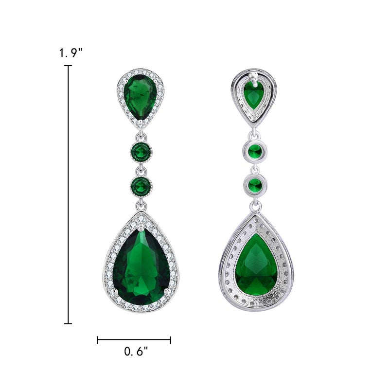 EleQueen Women's Silver-tone Cubic Zirconia Teardrop Bridal Dangle Earrings Emerald Color - Image 5