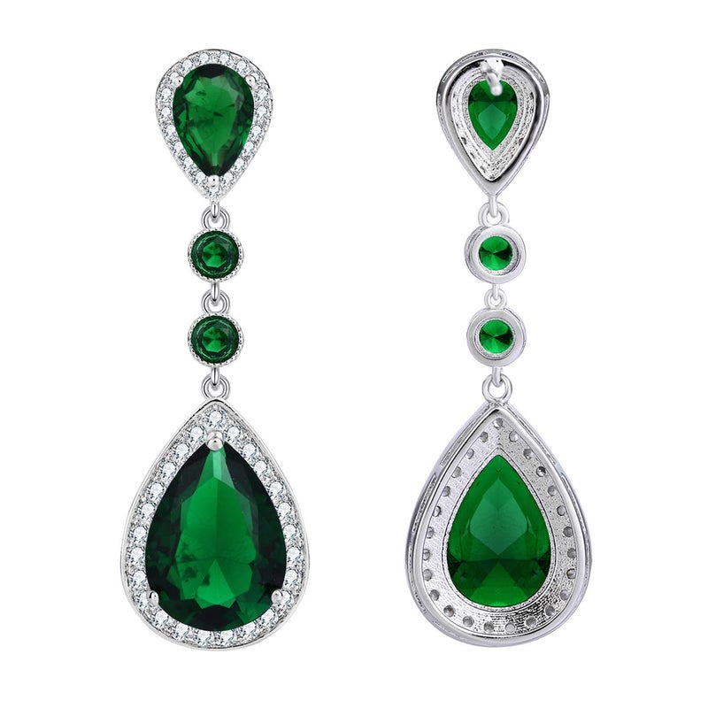 EleQueen Women's Silver-tone Cubic Zirconia Teardrop Bridal Dangle Earrings Emerald Color - Image 4