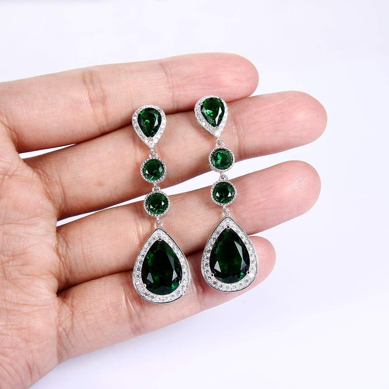 EleQueen Women's Silver-tone Cubic Zirconia Teardrop Bridal Dangle Earrings Emerald Color - Image 3
