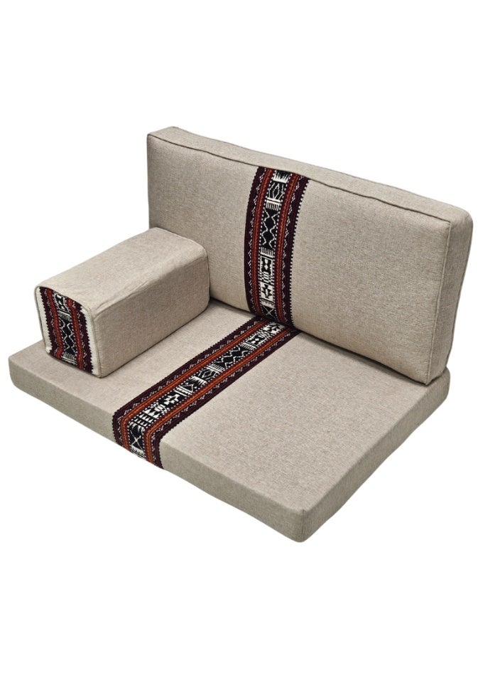 سمارت هوم جلسة أرضية تراثية عربية لشخصين 3 قطع  بمقاس (طول 70 سم × عرض 100 سم × ارتفاع 60 سم) – مفروشات مجالس عربية مريحة مع مسند وظهر مزخرف – جلسة أرضية للمنزل، الضيوف، المخيمات والرحلات - Image 1