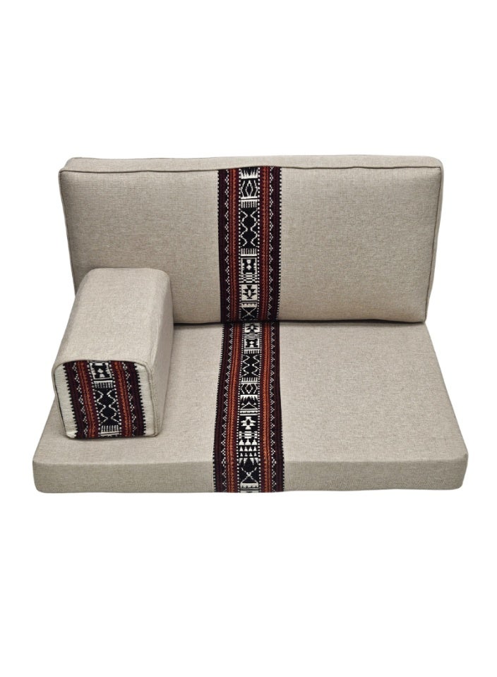 سمارت هوم جلسة أرضية تراثية عربية لشخصين 3 قطع  بمقاس (طول 70 سم × عرض 100 سم × ارتفاع 60 سم) – مفروشات مجالس عربية مريحة مع مسند وظهر مزخرف – جلسة أرضية للمنزل، الضيوف، المخيمات والرحلات - Image 2