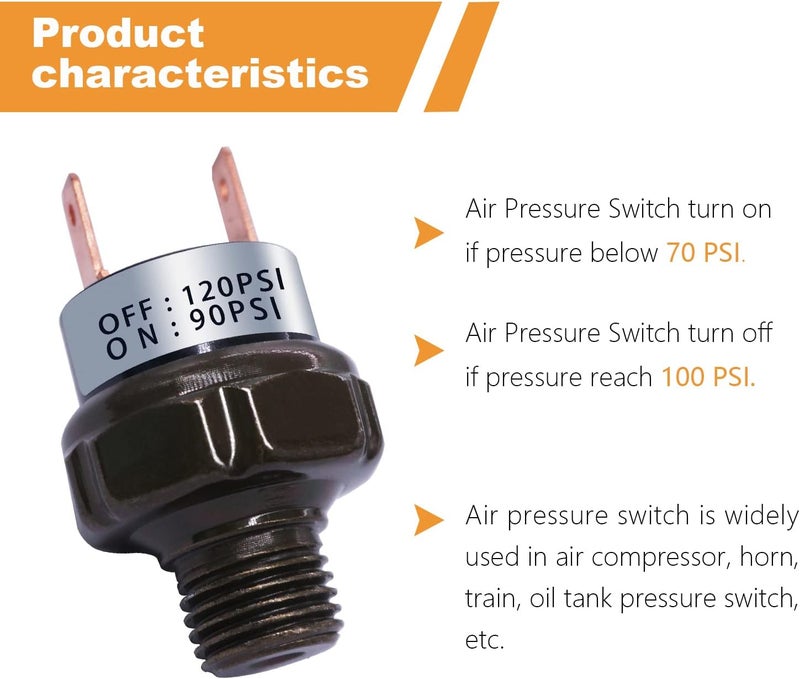 mankk Air Pressure Switch 90-120 PSI Thread 1/4" NPT 24V 12V DC Air Compressor Pressure Switch for Air Horn Train 90-120-1/4" NPT-BK - Image 4