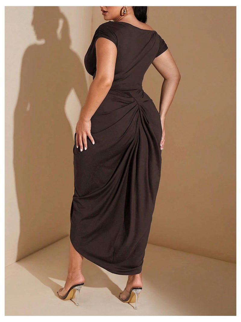 Floerns Women's Plus Size Asymmetrical Neck Long Dress Ruched Slit Hem Cocktail Dress Coffee Brown X-Large Plus - Image 3