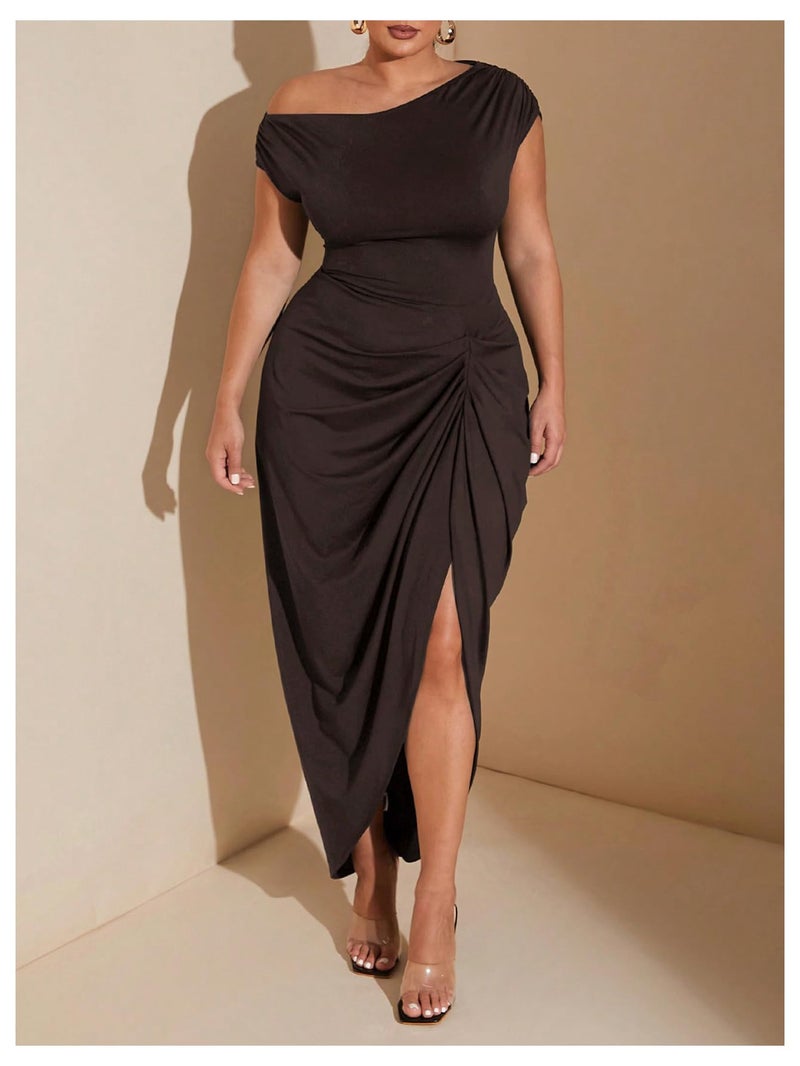 Floerns Women's Plus Size Asymmetrical Neck Long Dress Ruched Slit Hem Cocktail Dress Coffee Brown X-Large Plus - Image 4