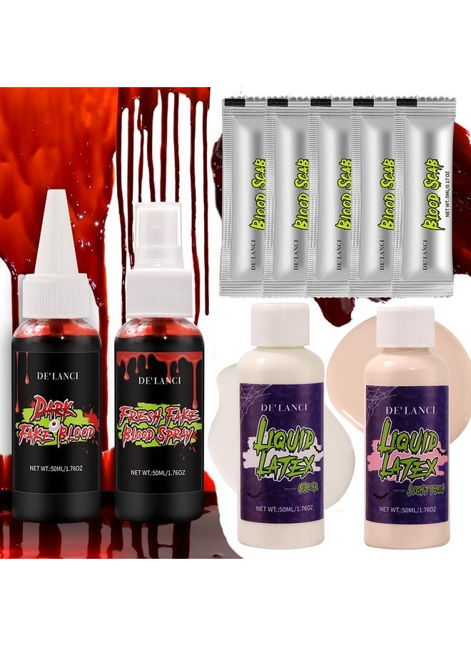 ecofavor - Fake Blood And Liquid Latex, Liquid Latex Fake Blood Sfx Makeup Kits, 2Pcs Liquid Latex(50Ml),Fake Blood Spray(50Ml),Stage Blood(50Ml), Fake Coagulated Blood (30G), Halloween Sfx Makeup Kit For Face - Image 1