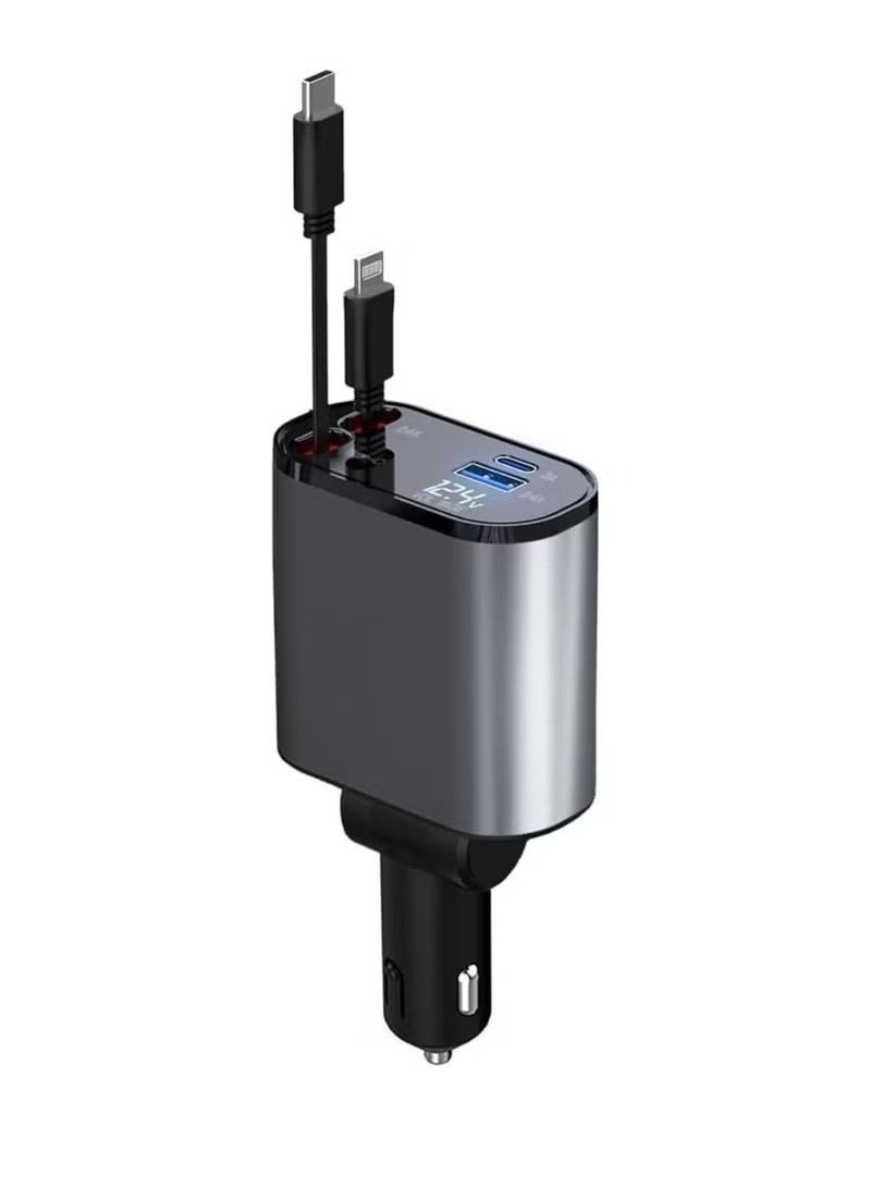 TIGER 66W Retractable Car Phone Charger – 4-in-1 Fast Charging Adapter with Dual Retractable Cables (1 Lightning, 1 Type-C), USB & Type-C Output Ports, Compact Car Power Adapter for iPhone 15/14/13/12/11, Samsung Galaxy, Huawei, Xiaomi & More – Black - Image 1