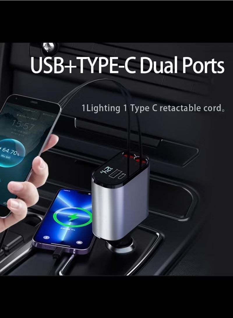 TIGER 66W Retractable Car Phone Charger – 4-in-1 Fast Charging Adapter with Dual Retractable Cables (1 Lightning, 1 Type-C), USB & Type-C Output Ports, Compact Car Power Adapter for iPhone 15/14/13/12/11, Samsung Galaxy, Huawei, Xiaomi & More – Black - Image 5