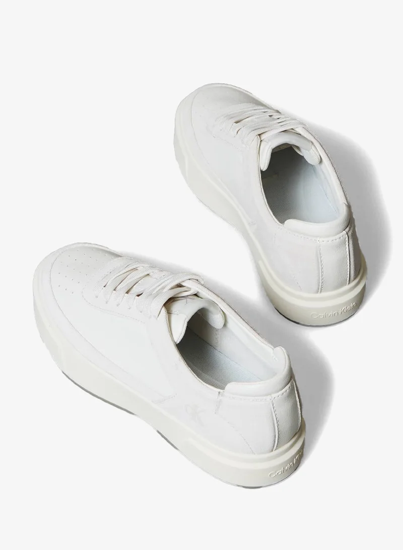 Calvin Klein Lily White/Desert Taupe Leather And Suede Signature Sneakers for Women | Best Price UAE