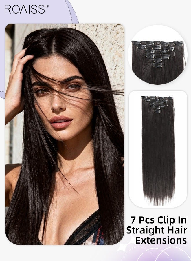roaiss 7 Pcs Clip in Long Straight Hair Extensions, Invisible Adjustable Long Synthetic Heat Resistant Hairpieces with 16 Clips for Women , Black Brown, 56cm (22 inches) - Image 1