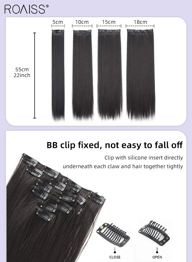 roaiss 7 Pcs Clip in Long Straight Hair Extensions, Invisible Adjustable Long Synthetic Heat Resistant Hairpieces with 16 Clips for Women , Black Brown, 56cm (22 inches) - Image 4