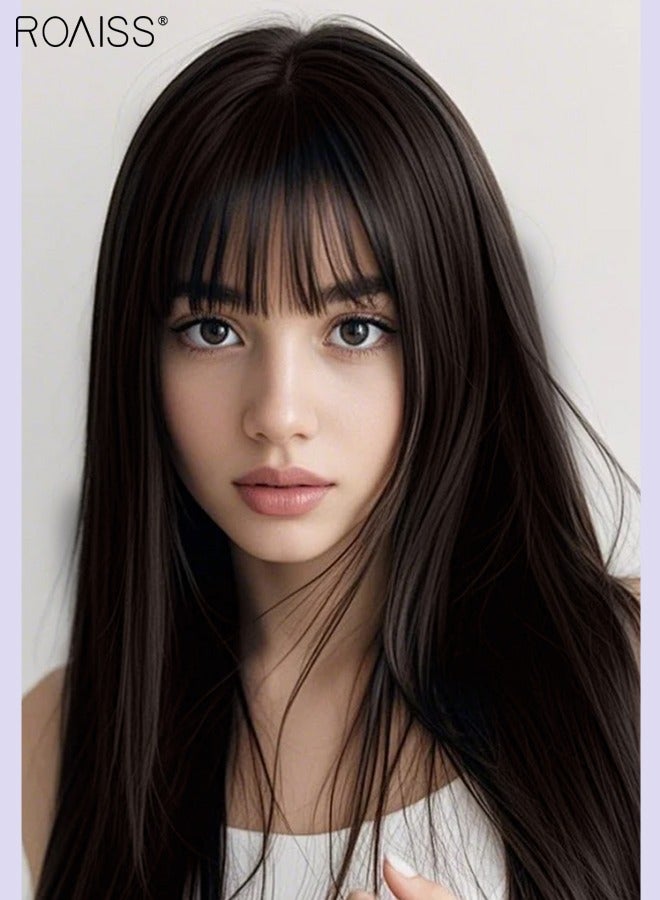 roaiss 7 Pcs Clip in Long Straight Hair Extensions, Invisible Adjustable Long Synthetic Heat Resistant Hairpieces with 16 Clips for Women , Black Brown, 56cm (22 inches) - Image 5