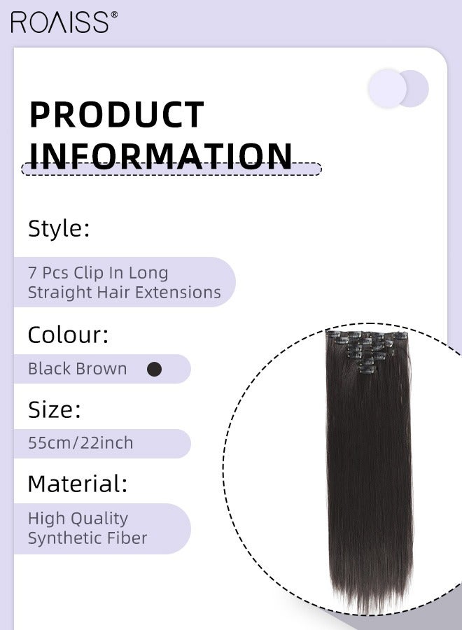 roaiss 7 Pcs Clip in Long Straight Hair Extensions, Invisible Adjustable Long Synthetic Heat Resistant Hairpieces with 16 Clips for Women , Black Brown, 56cm (22 inches) - Image 3
