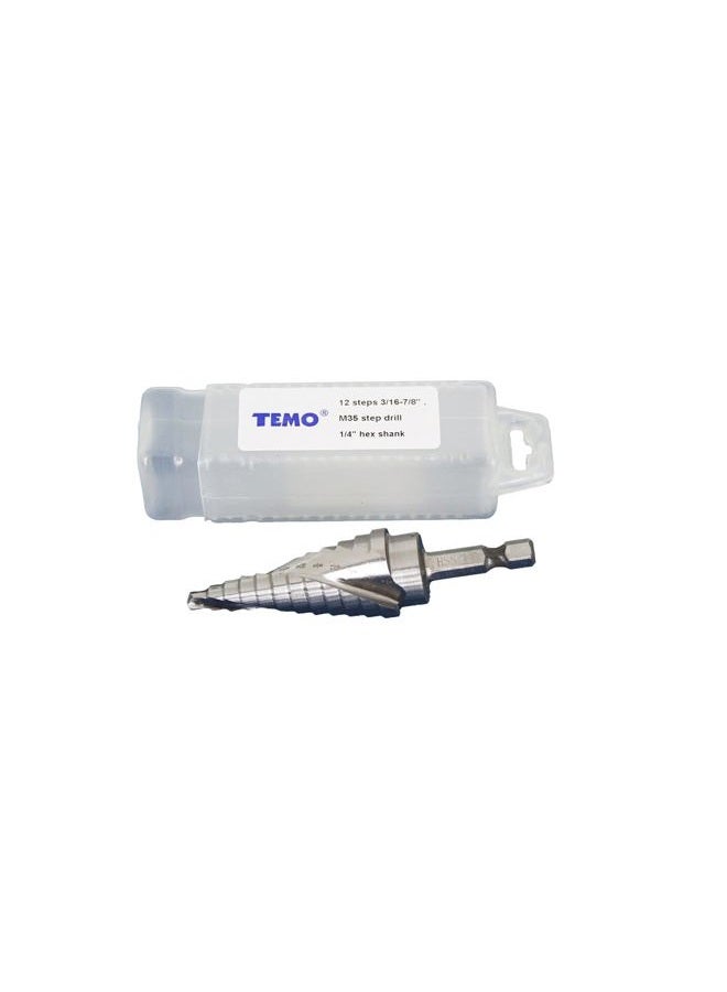 TEMO M35 Cobalt Spiral Flute Step Drill, 12 size from 3/16 inch (4.8mm) to 7/8 inch (22.2mm), 1/4 inch (6.4mm) Hex Shank - Image 2