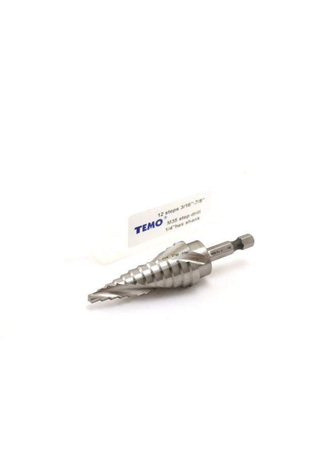 TEMO M35 Cobalt Spiral Flute Step Drill, 12 size from 3/16 inch (4.8mm) to 7/8 inch (22.2mm), 1/4 inch (6.4mm) Hex Shank - Image 3