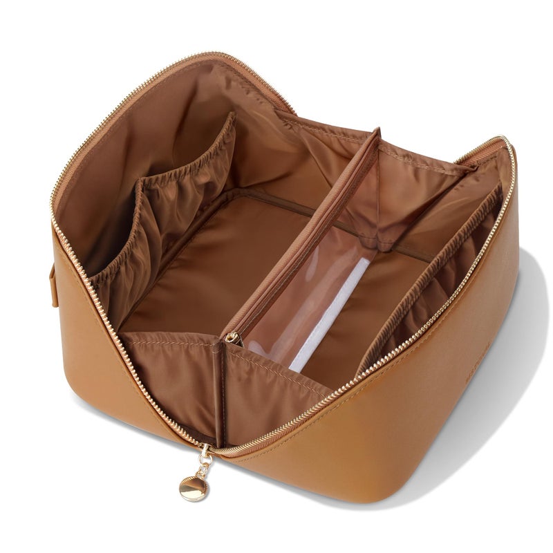 MSTONAL Travel Makeup Bag, Large Capacity Cosmetic Bags for Women, Waterproof Portable Pouch Open Flat Make up Organizer Bag with Dividers and Handle, Toiletry Bag for Essentials, Medium Size, Brown - Image 1