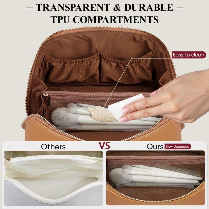 MSTONAL Travel Makeup Bag, Large Capacity Cosmetic Bags for Women, Waterproof Portable Pouch Open Flat Make up Organizer Bag with Dividers and Handle, Toiletry Bag for Essentials, Medium Size, Brown - Image 4