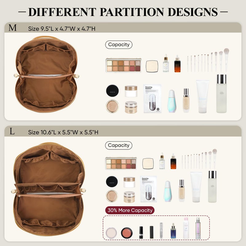 MSTONAL Travel Makeup Bag, Large Capacity Cosmetic Bags for Women, Waterproof Portable Pouch Open Flat Make up Organizer Bag with Dividers and Handle, Toiletry Bag for Essentials, Medium Size, Brown - Image 3