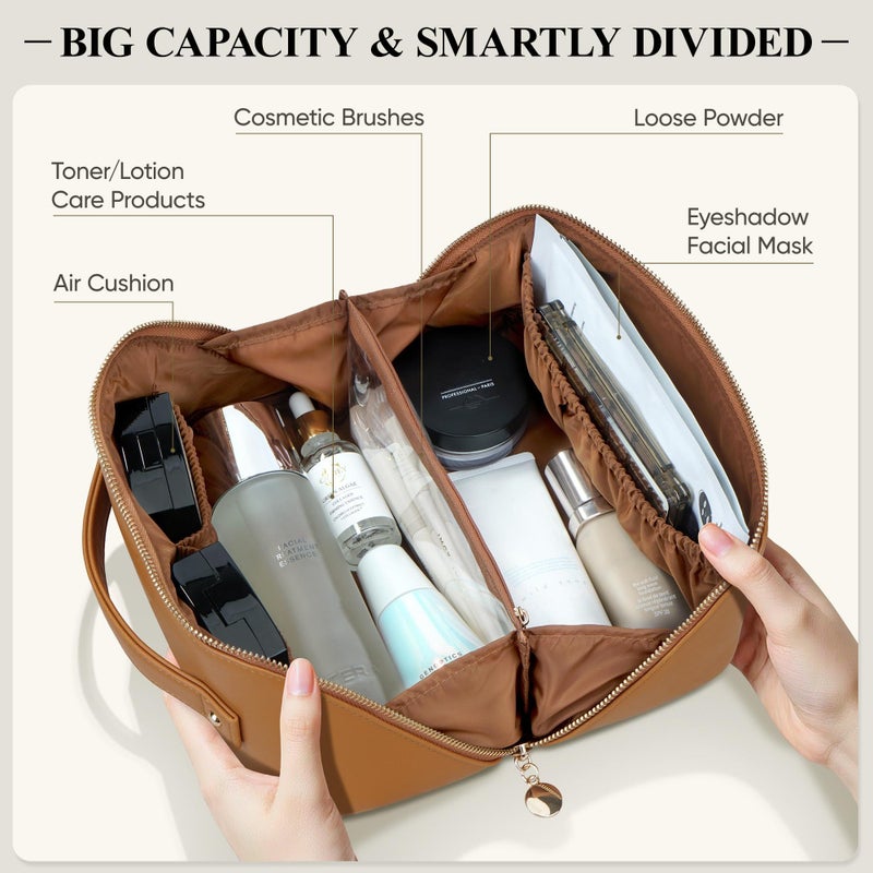 MSTONAL Travel Makeup Bag, Large Capacity Cosmetic Bags for Women, Waterproof Portable Pouch Open Flat Make up Organizer Bag with Dividers and Handle, Toiletry Bag for Essentials, Medium Size, Brown - Image 2