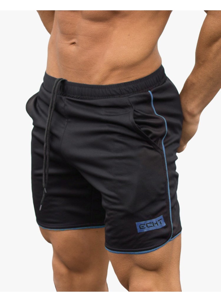 Mens Fitness Short Pants Quick Dry Breathable Running Shorts Lightweight Mesh Casual Sport Five-Quarter Length Mid-Pants Black Blue Strip ECHT 