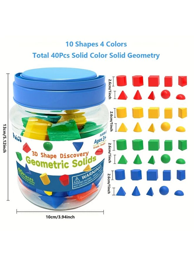 40 Pcs 3D Geometric Solids Set 4 Colors 10 Shapes Math Manipulatives Learning Toys - Image 2