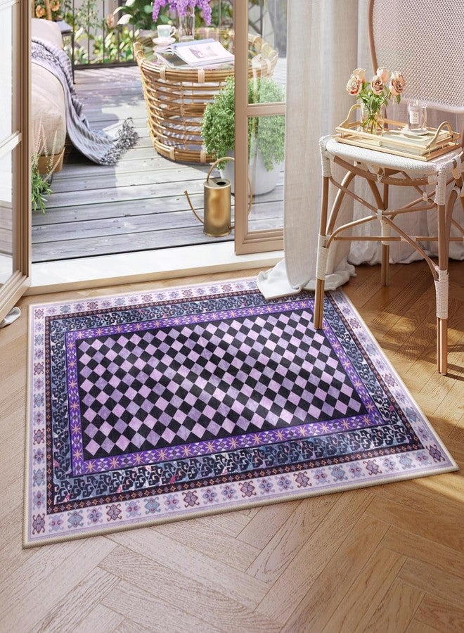 Wonnitar Washable 3x5 Checkered Rug, Non Slip Purple Trellis Bedroom Area Rug, Low Pile Soft Funky Checked Throw Carpet for Living Room Girls Kids Room Nursery, Dorm Home Decor(Purple,3x5) - Image 2