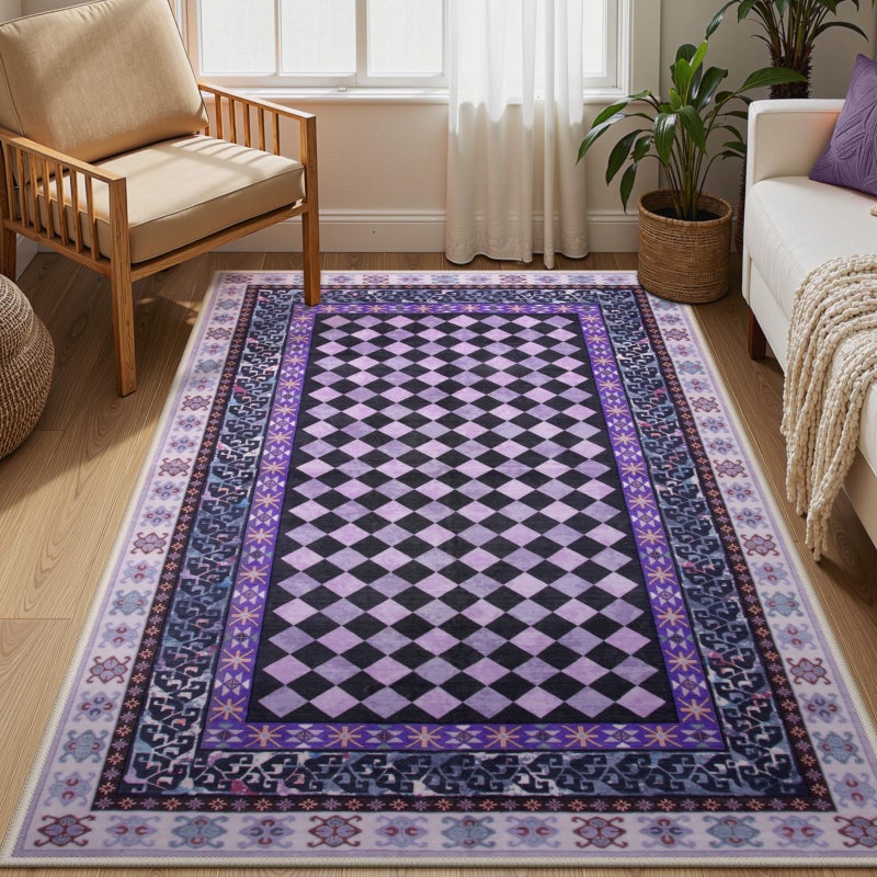 Wonnitar Washable 3x5 Checkered Rug, Non Slip Purple Trellis Bedroom Area Rug, Low Pile Soft Funky Checked Throw Carpet for Living Room Girls Kids Room Nursery, Dorm Home Decor(Purple,3x5) - Image 1
